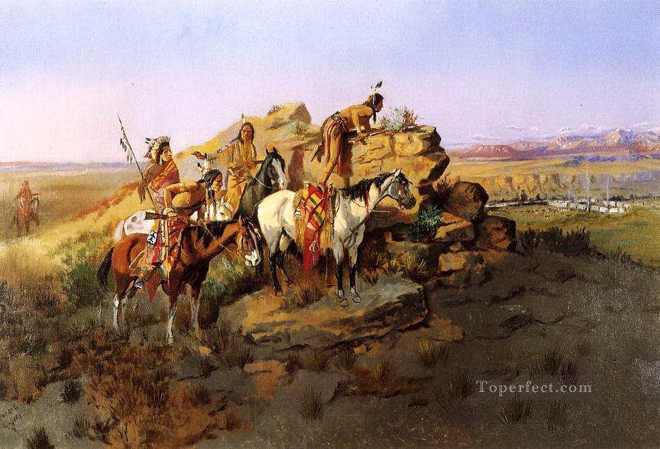 regarder les colons 1895 Charles Marion Russell Amérindiens Peintures à l'huile